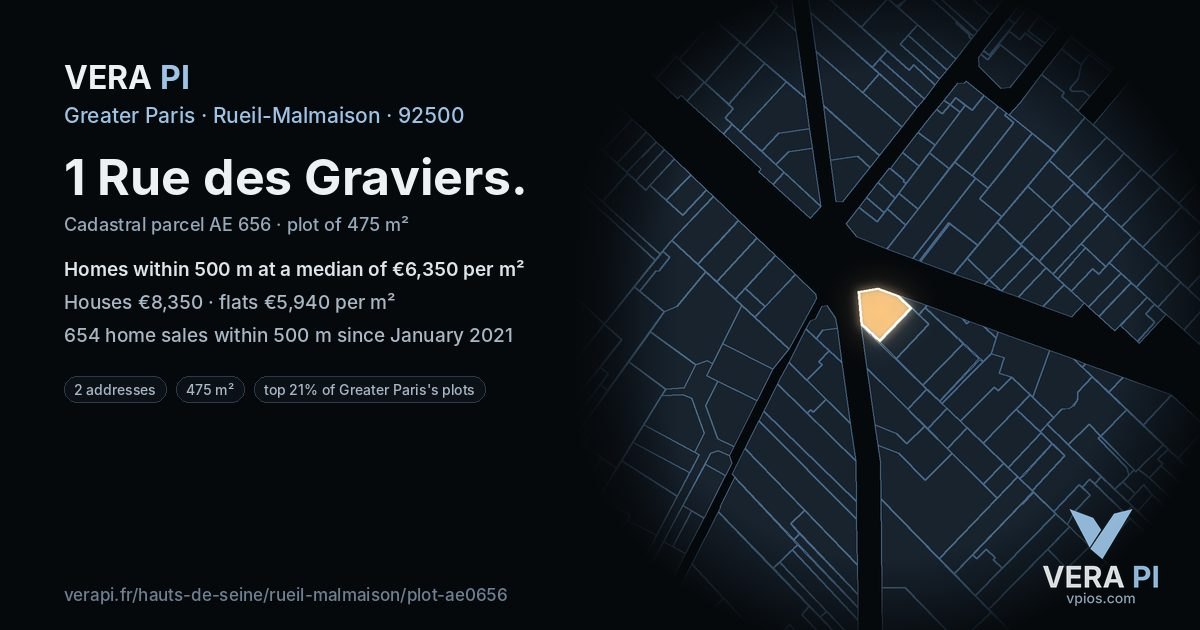 1 Rue des Graviers, Rueil-Malmaison at night – the plot lit, the parcels around coloured by the prices near them