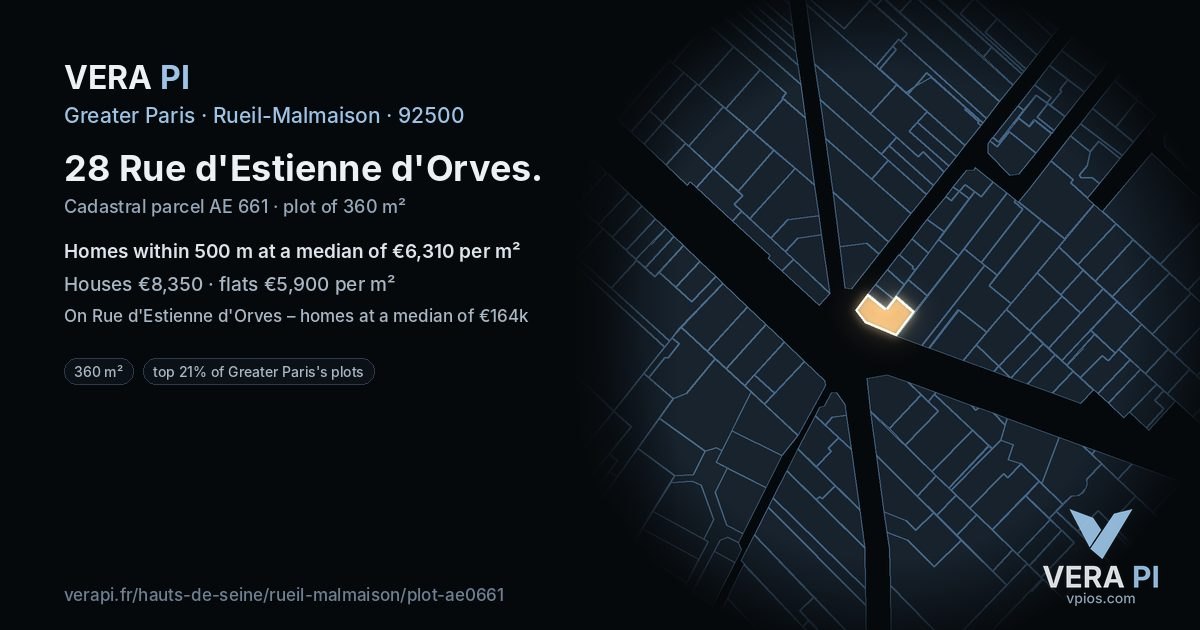 28 Rue d'Estienne d'Orves, Rueil-Malmaison at night – the plot lit, the parcels around coloured by the prices near them