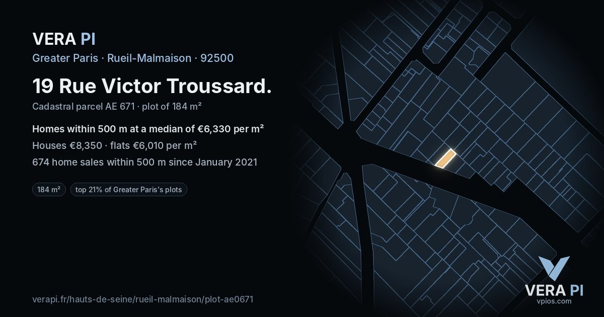19 Rue Victor Troussard, Rueil-Malmaison at night – the plot lit, the parcels around coloured by the prices near them