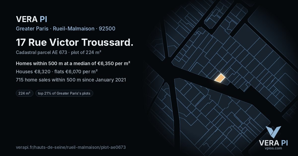 17 Rue Victor Troussard, Rueil-Malmaison at night – the plot lit, the parcels around coloured by the prices near them