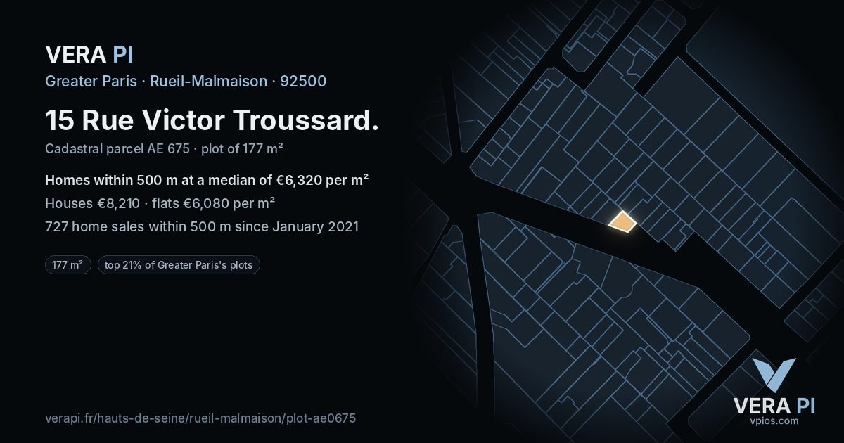 15 Rue Victor Troussard, Rueil-Malmaison at night – the plot lit, the parcels around coloured by the prices near them