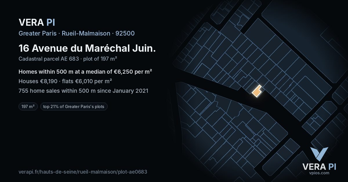 16 Avenue du Maréchal Juin, Rueil-Malmaison at night – the plot lit, the parcels around coloured by the prices near them