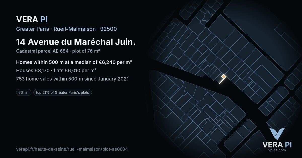 14 Avenue du Maréchal Juin, Rueil-Malmaison at night – the plot lit, the parcels around coloured by the prices near them
