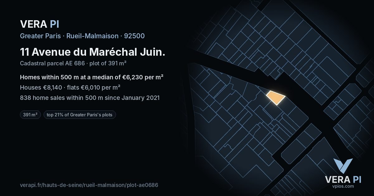 11 Avenue du Maréchal Juin, Rueil-Malmaison at night – the plot lit, the parcels around coloured by the prices near them