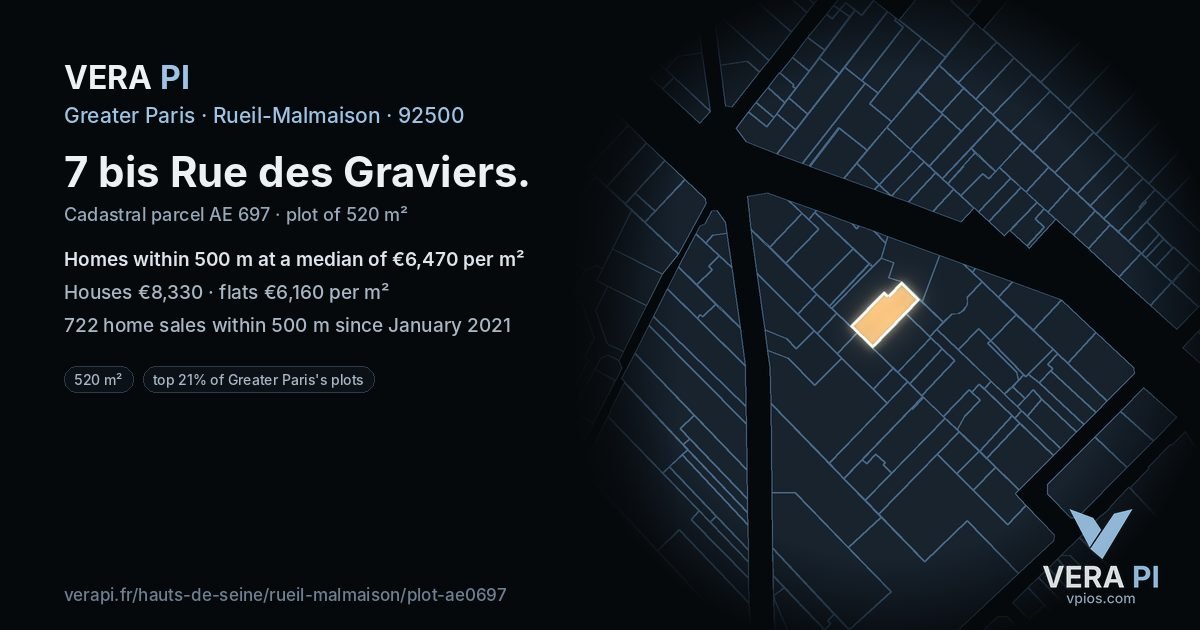 7 bis Rue des Graviers, Rueil-Malmaison at night – the plot lit, the parcels around coloured by the prices near them