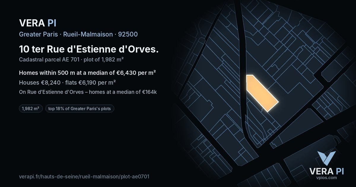 10 ter Rue d'Estienne d'Orves, Rueil-Malmaison at night – the plot lit, the parcels around coloured by the prices near them