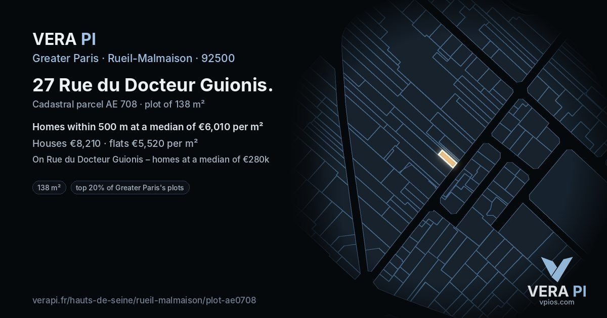 27 Rue du Docteur Guionis, Rueil-Malmaison at night – the plot lit, the parcels around coloured by the prices near them