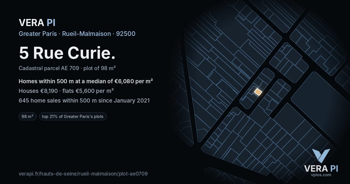 5 Rue Curie, Rueil-Malmaison at night – the plot lit, the parcels around coloured by the prices near them
