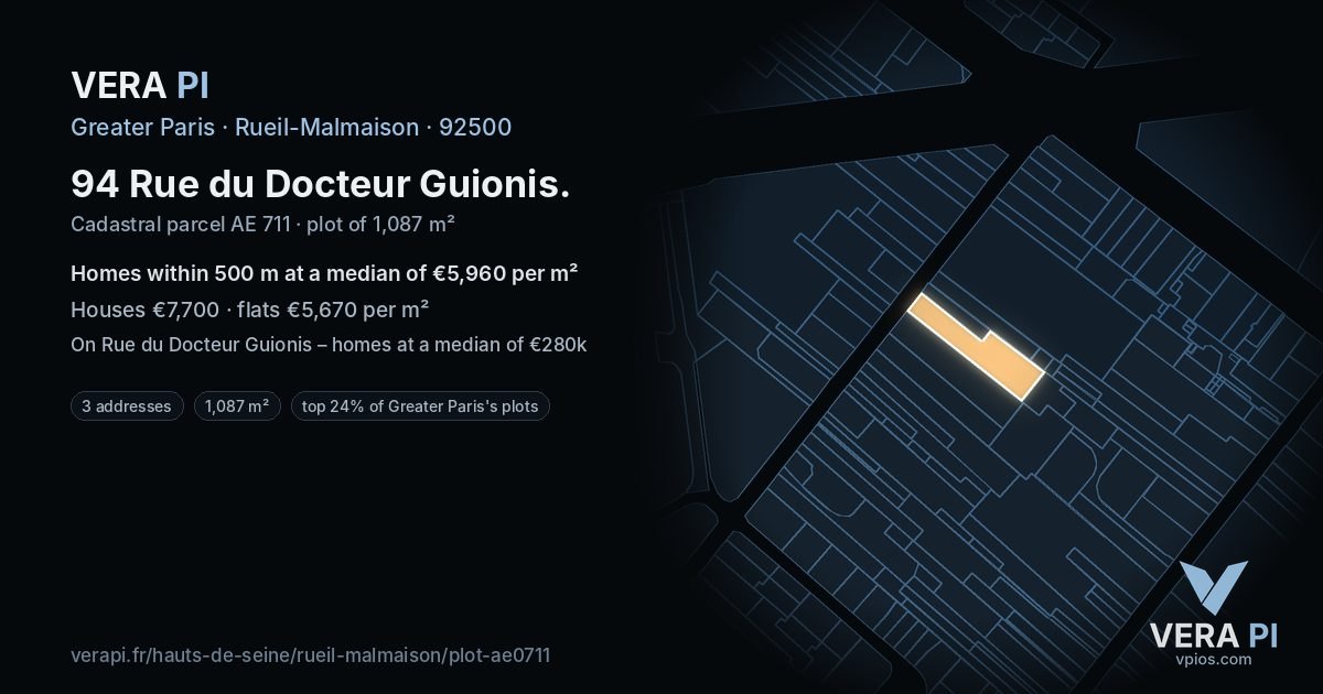 94 Rue du Docteur Guionis, Rueil-Malmaison at night – the plot lit, the parcels around coloured by the prices near them