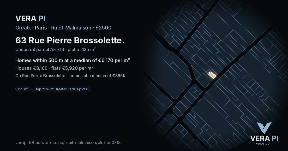 63 Rue Pierre Brossolette, Rueil-Malmaison at night – the plot lit, the parcels around coloured by the prices near them