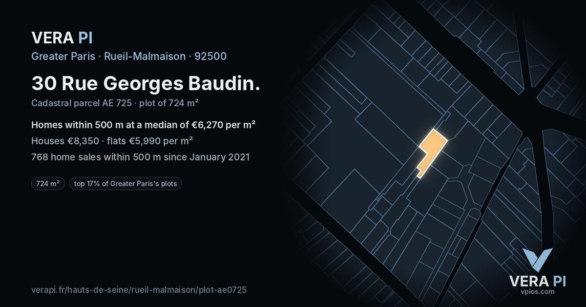 30 Rue Georges Baudin, Rueil-Malmaison at night – the plot lit, the parcels around coloured by the prices near them