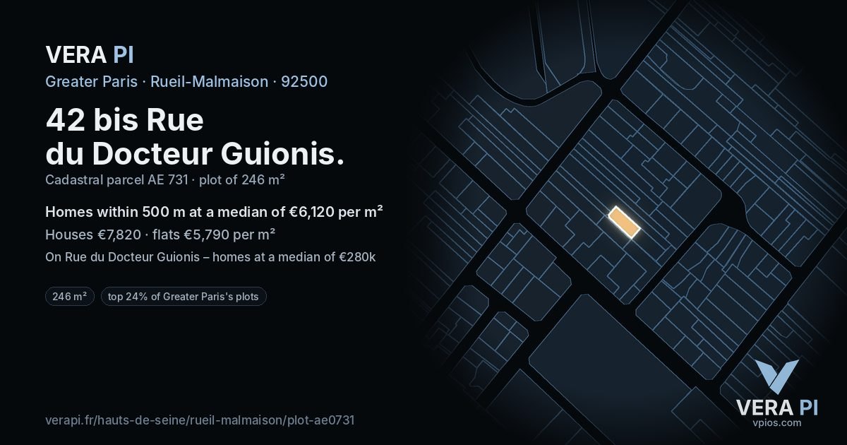 42 bis Rue du Docteur Guionis, Rueil-Malmaison at night – the plot lit, the parcels around coloured by the prices near them
