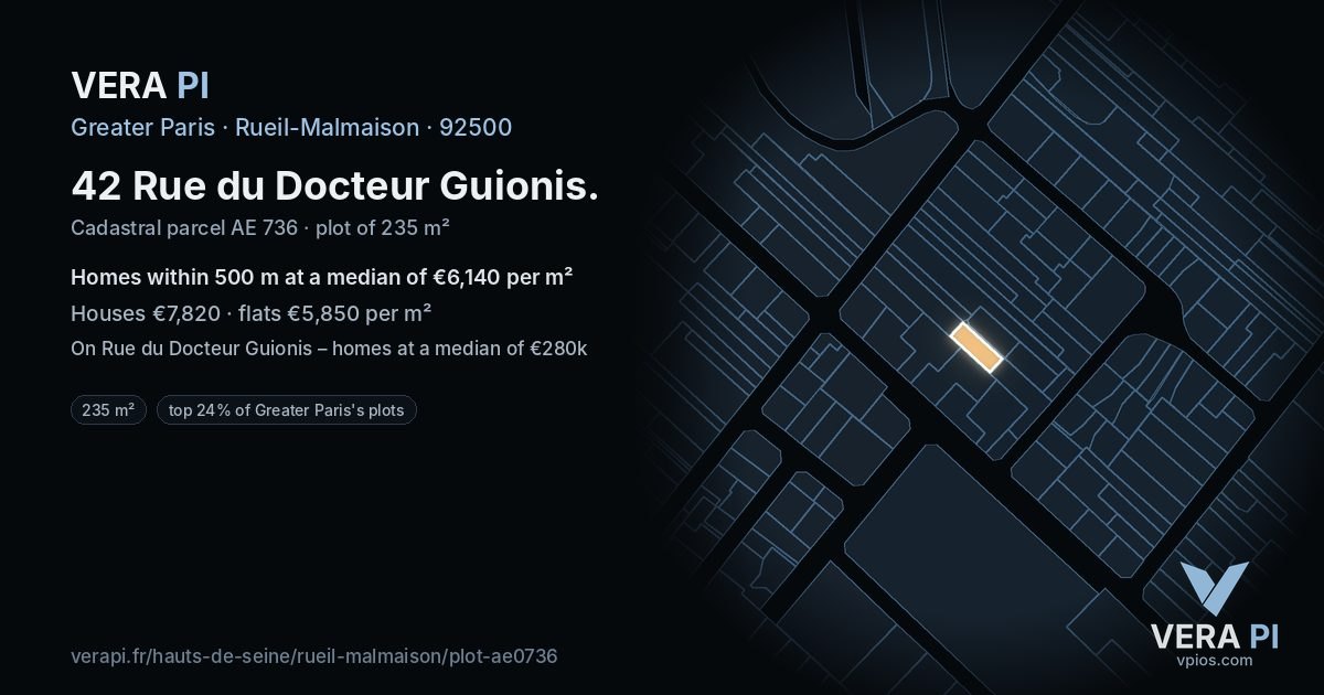 42 Rue du Docteur Guionis, Rueil-Malmaison at night – the plot lit, the parcels around coloured by the prices near them