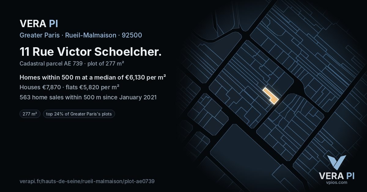 11 Rue Victor Schoelcher, Rueil-Malmaison at night – the plot lit, the parcels around coloured by the prices near them