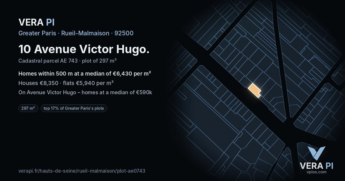 10 Avenue Victor Hugo, Rueil-Malmaison at night – the plot lit, the parcels around coloured by the prices near them