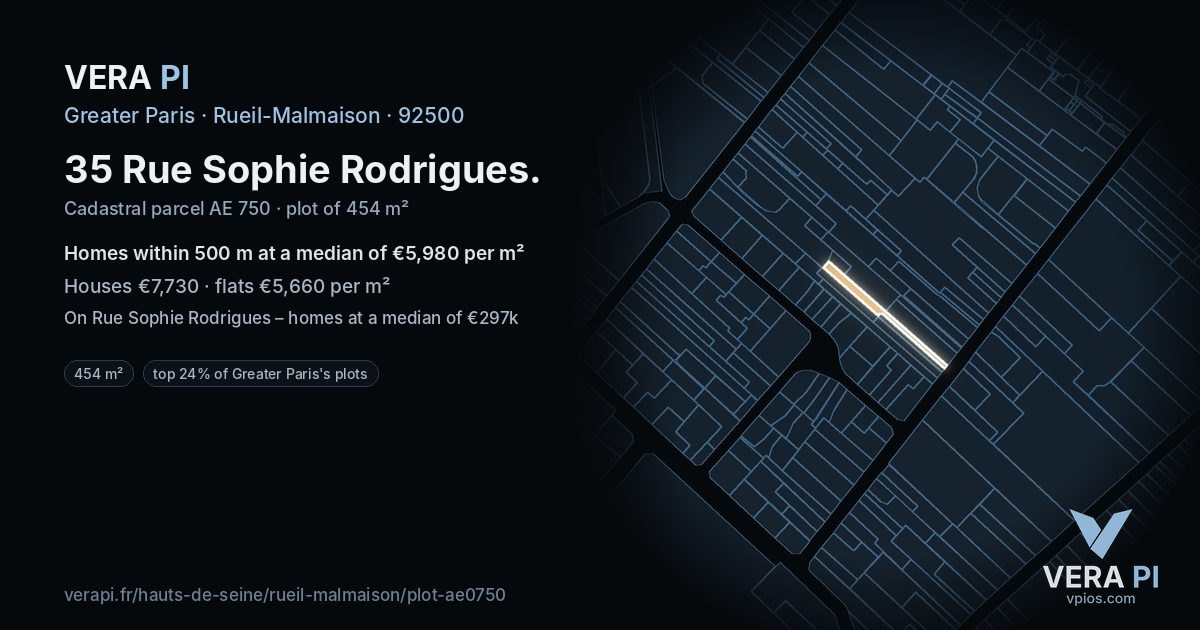 35 Rue Sophie Rodrigues, Rueil-Malmaison at night – the plot lit, the parcels around coloured by the prices near them