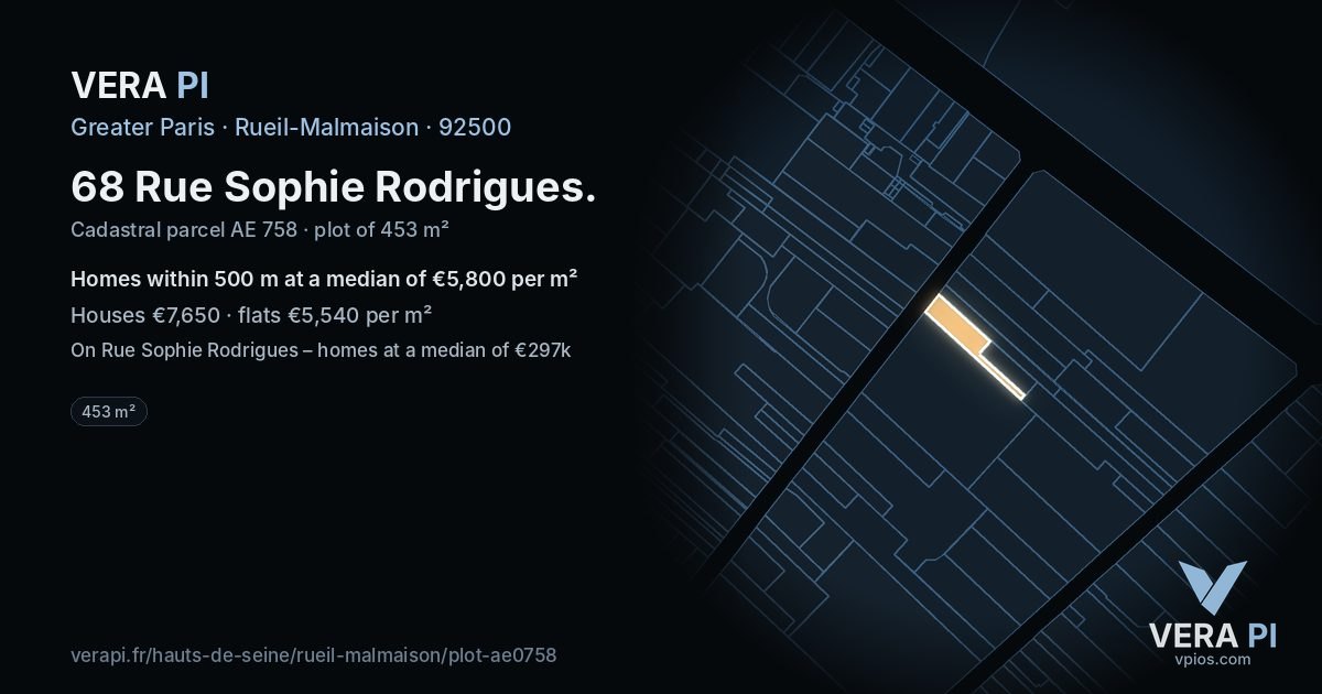 68 Rue Sophie Rodrigues, Rueil-Malmaison at night – the plot lit, the parcels around coloured by the prices near them