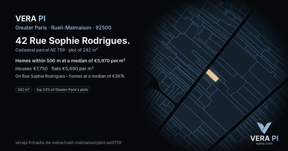 42 Rue Sophie Rodrigues, Rueil-Malmaison at night – the plot lit, the parcels around coloured by the prices near them