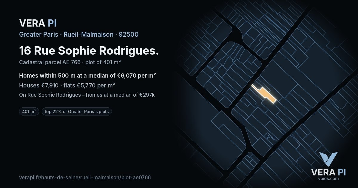 16 Rue Sophie Rodrigues, Rueil-Malmaison at night – the plot lit, the parcels around coloured by the prices near them