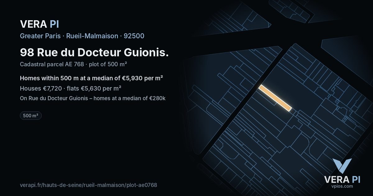 98 Rue du Docteur Guionis, Rueil-Malmaison at night – the plot lit, the parcels around coloured by the prices near them