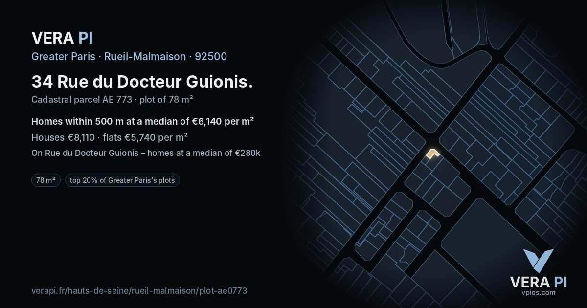 34 Rue du Docteur Guionis, Rueil-Malmaison at night – the plot lit, the parcels around coloured by the prices near them