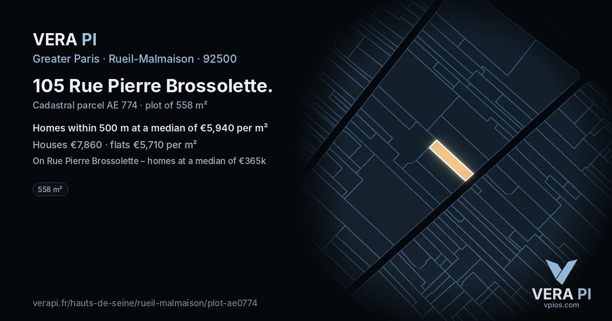 105 Rue Pierre Brossolette, Rueil-Malmaison at night – the plot lit, the parcels around coloured by the prices near them