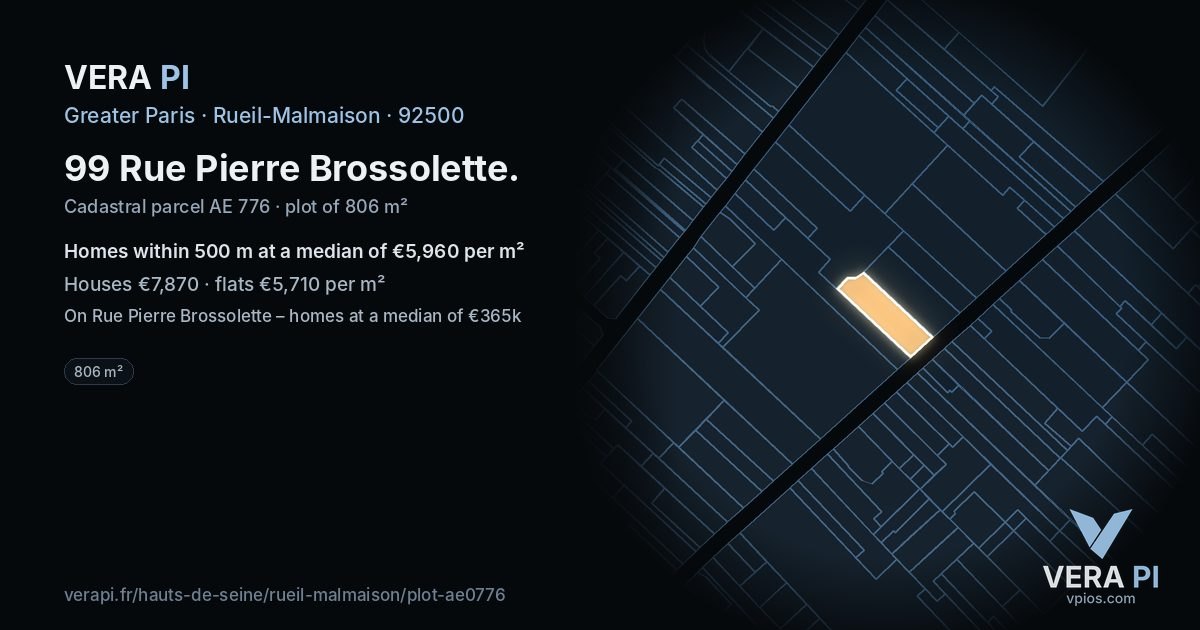 99 Rue Pierre Brossolette, Rueil-Malmaison at night – the plot lit, the parcels around coloured by the prices near them