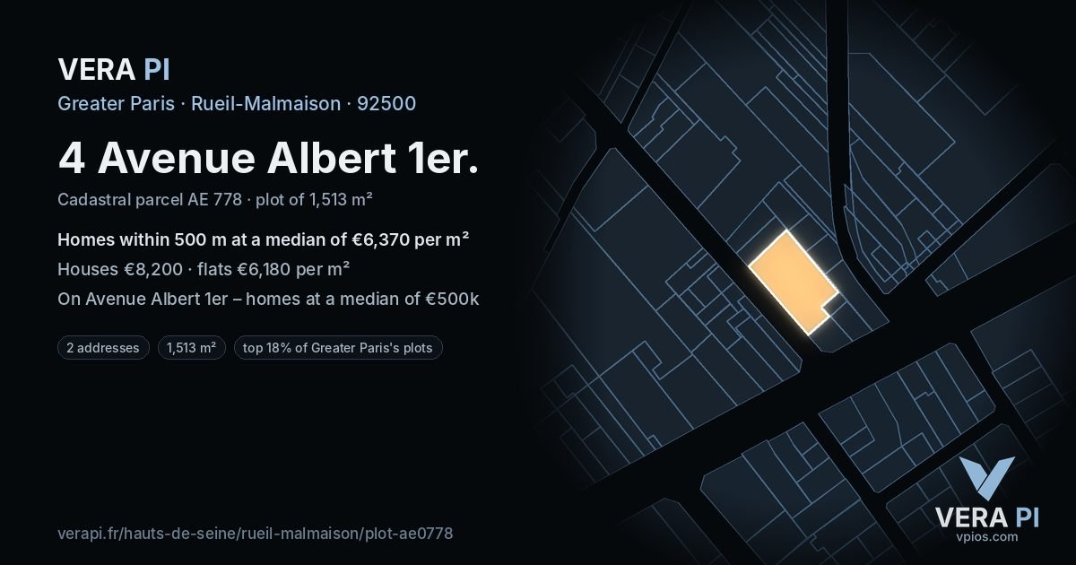 4 Avenue Albert 1er, Rueil-Malmaison at night – the plot lit, the parcels around coloured by the prices near them