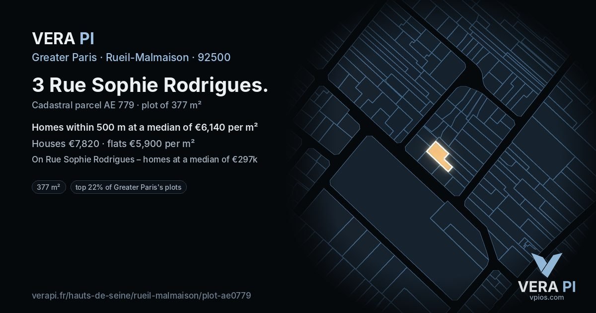 3 Rue Sophie Rodrigues, Rueil-Malmaison at night – the plot lit, the parcels around coloured by the prices near them