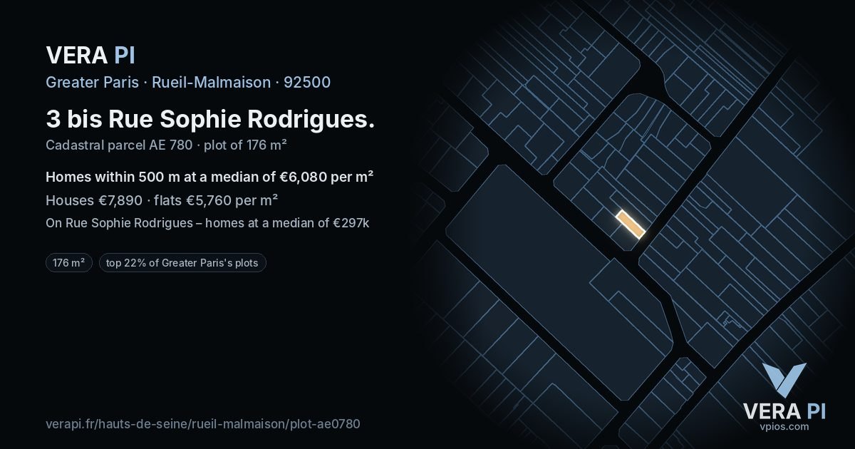 3 bis Rue Sophie Rodrigues, Rueil-Malmaison at night – the plot lit, the parcels around coloured by the prices near them