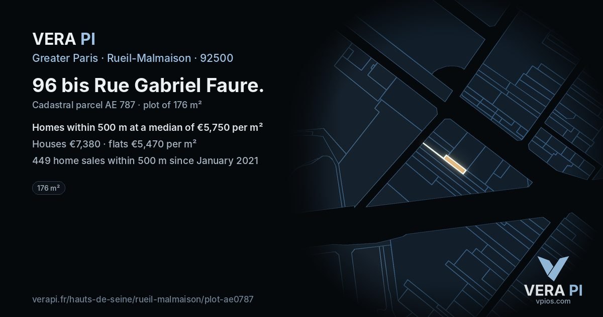 96 bis Rue Gabriel Faure, Rueil-Malmaison at night – the plot lit, the parcels around coloured by the prices near them