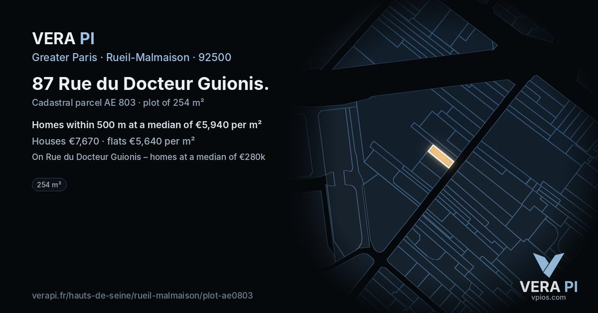 87 Rue du Docteur Guionis, Rueil-Malmaison at night – the plot lit, the parcels around coloured by the prices near them