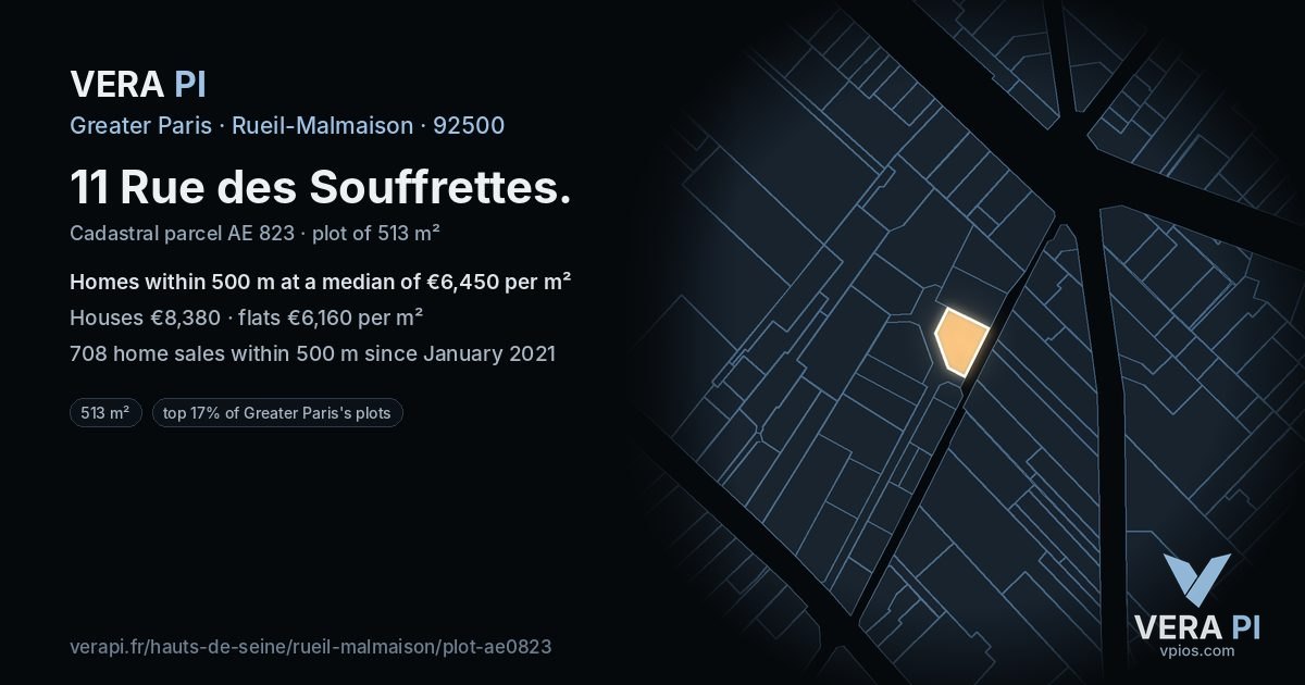 11 Rue des Souffrettes, Rueil-Malmaison at night – the plot lit, the parcels around coloured by the prices near them