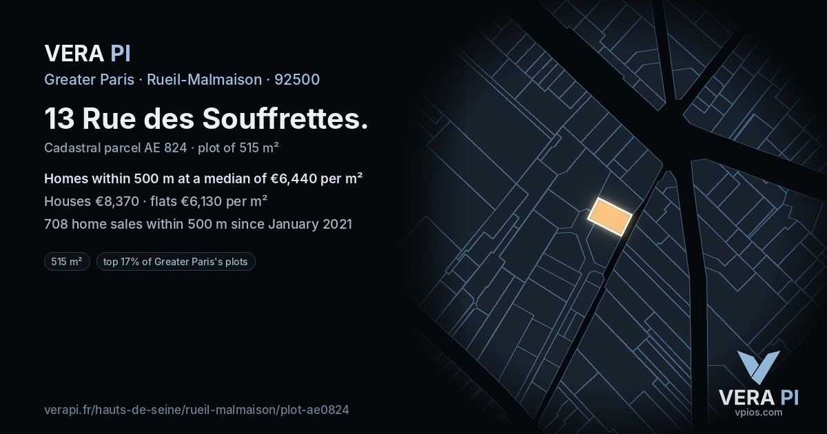 13 Rue des Souffrettes, Rueil-Malmaison at night – the plot lit, the parcels around coloured by the prices near them