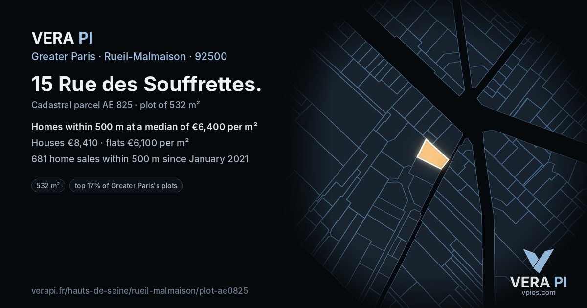 15 Rue des Souffrettes, Rueil-Malmaison at night – the plot lit, the parcels around coloured by the prices near them