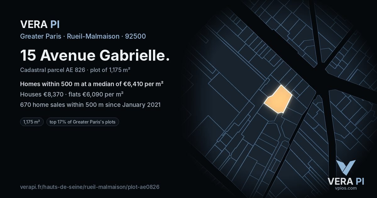 15 Avenue Gabrielle, Rueil-Malmaison at night – the plot lit, the parcels around coloured by the prices near them