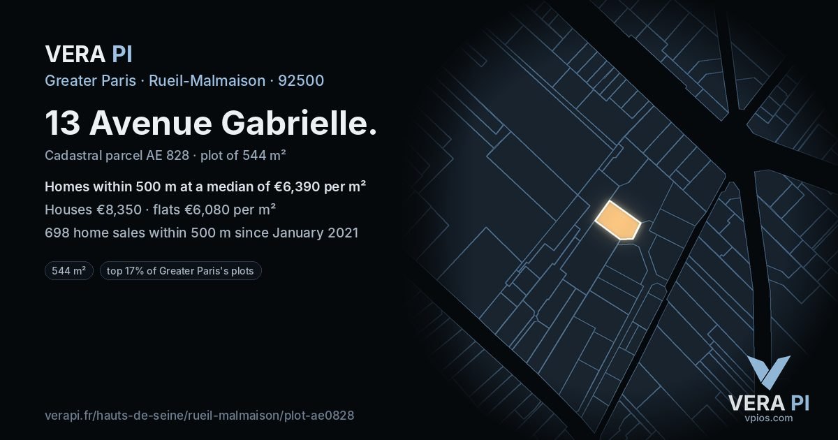 13 Avenue Gabrielle, Rueil-Malmaison at night – the plot lit, the parcels around coloured by the prices near them