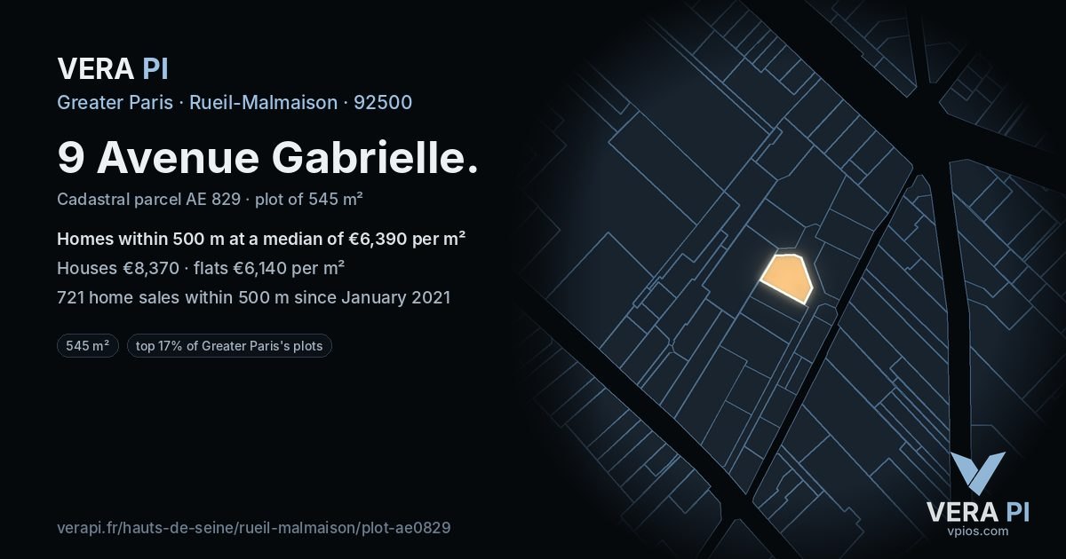 9 Avenue Gabrielle, Rueil-Malmaison at night – the plot lit, the parcels around coloured by the prices near them