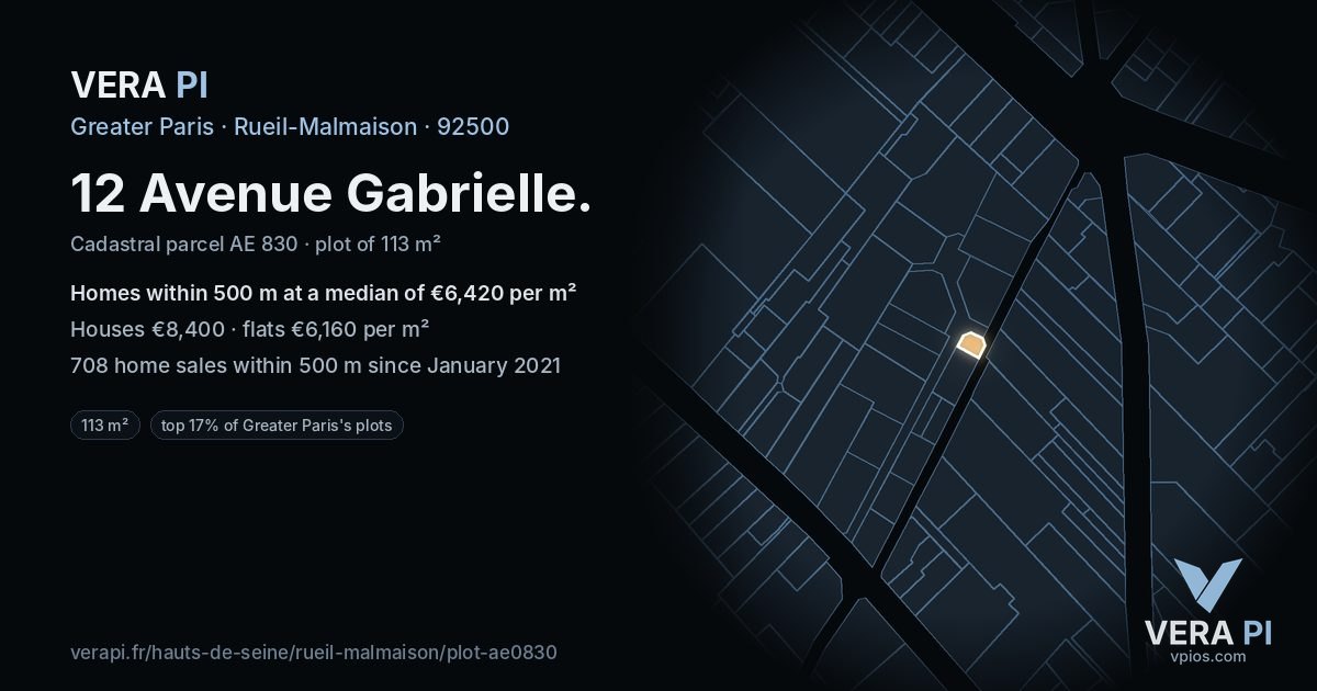 12 Avenue Gabrielle, Rueil-Malmaison at night – the plot lit, the parcels around coloured by the prices near them