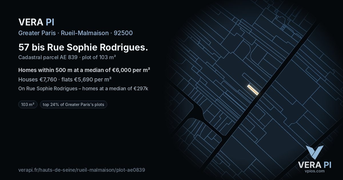57 bis Rue Sophie Rodrigues, Rueil-Malmaison at night – the plot lit, the parcels around coloured by the prices near them