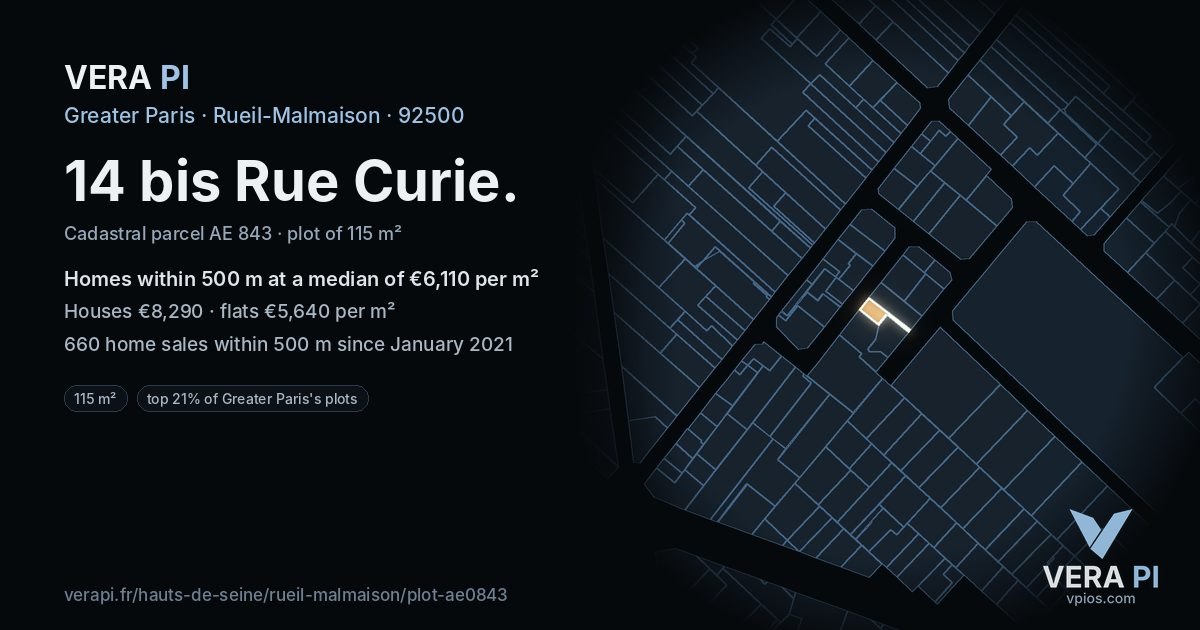 14 bis Rue Curie, Rueil-Malmaison at night – the plot lit, the parcels around coloured by the prices near them
