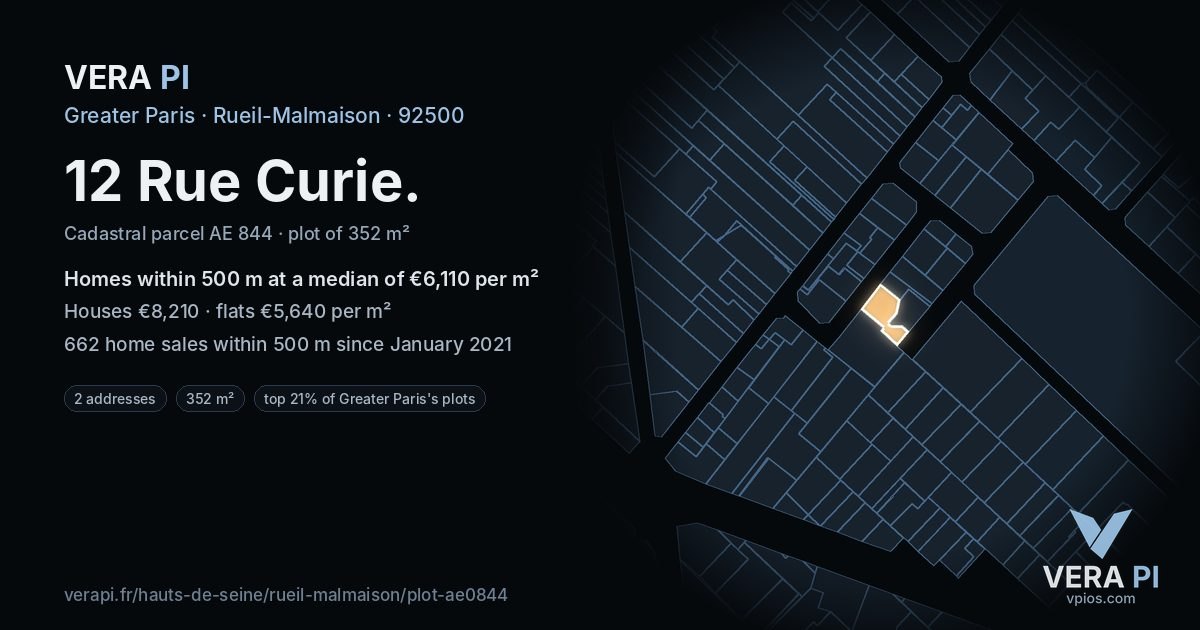 12 Rue Curie, Rueil-Malmaison at night – the plot lit, the parcels around coloured by the prices near them