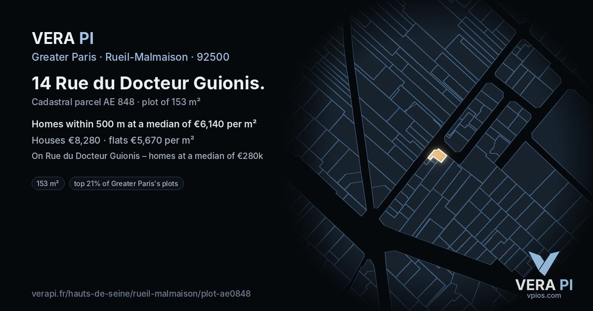 14 Rue du Docteur Guionis, Rueil-Malmaison at night – the plot lit, the parcels around coloured by the prices near them