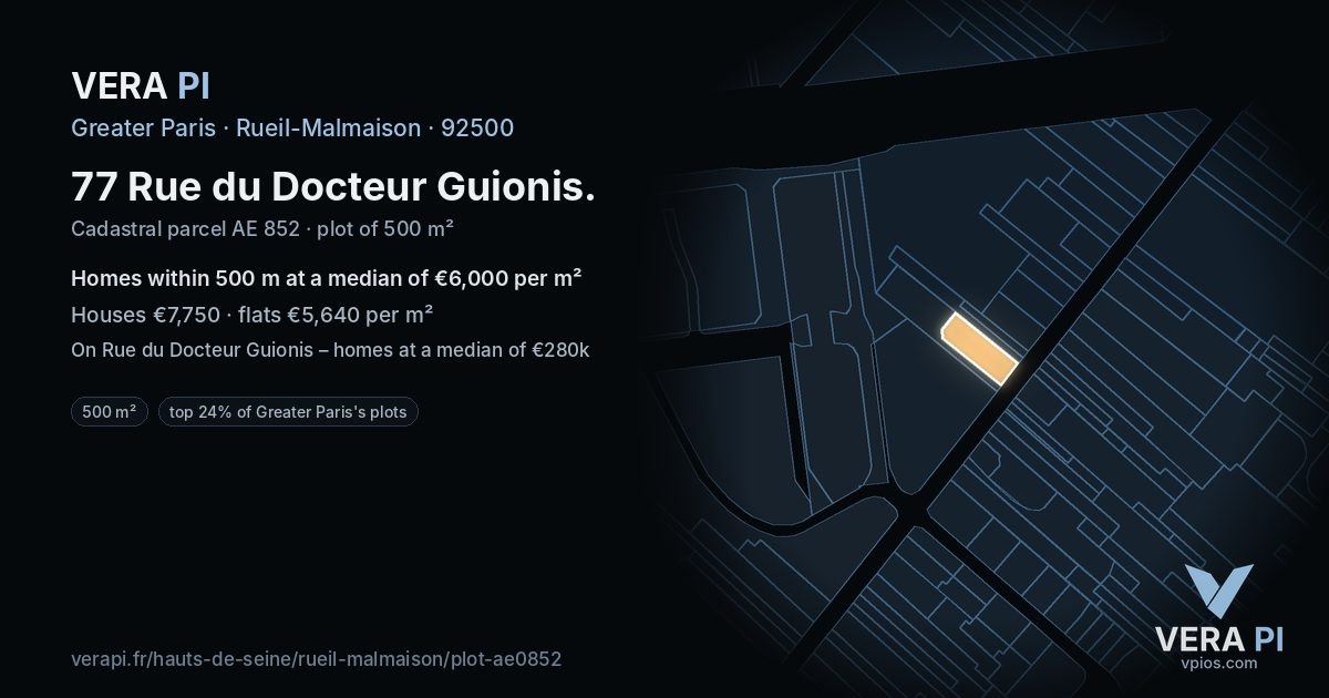 77 Rue du Docteur Guionis, Rueil-Malmaison at night – the plot lit, the parcels around coloured by the prices near them