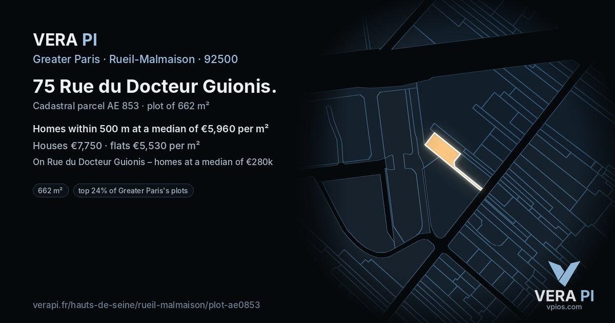 75 Rue du Docteur Guionis, Rueil-Malmaison at night – the plot lit, the parcels around coloured by the prices near them