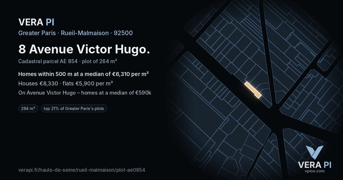 8 Avenue Victor Hugo, Rueil-Malmaison at night – the plot lit, the parcels around coloured by the prices near them