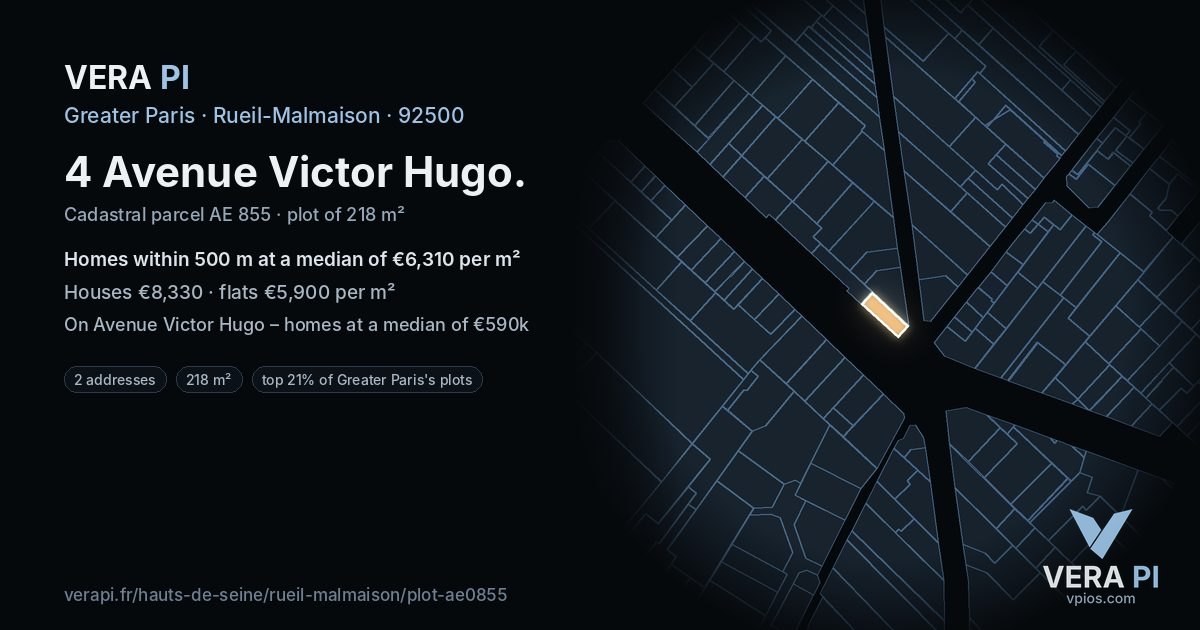 4 Avenue Victor Hugo, Rueil-Malmaison at night – the plot lit, the parcels around coloured by the prices near them