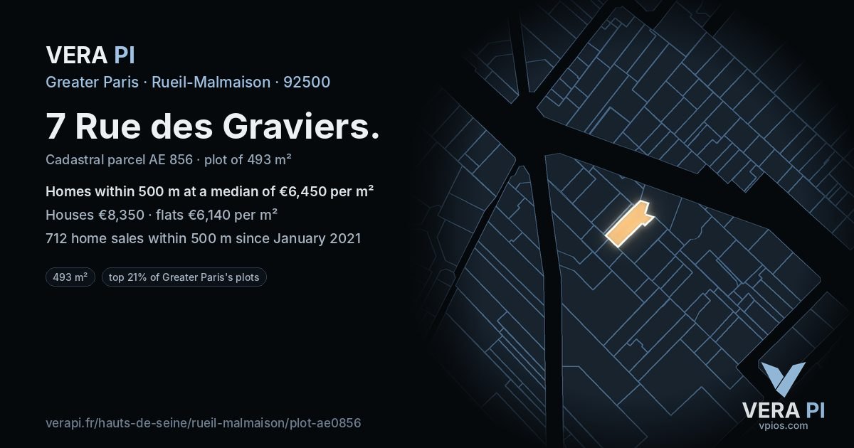 7 Rue des Graviers, Rueil-Malmaison at night – the plot lit, the parcels around coloured by the prices near them