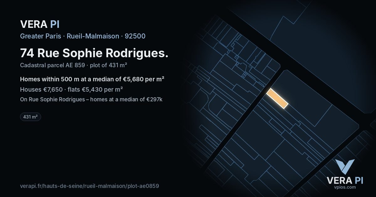 74 Rue Sophie Rodrigues, Rueil-Malmaison at night – the plot lit, the parcels around coloured by the prices near them