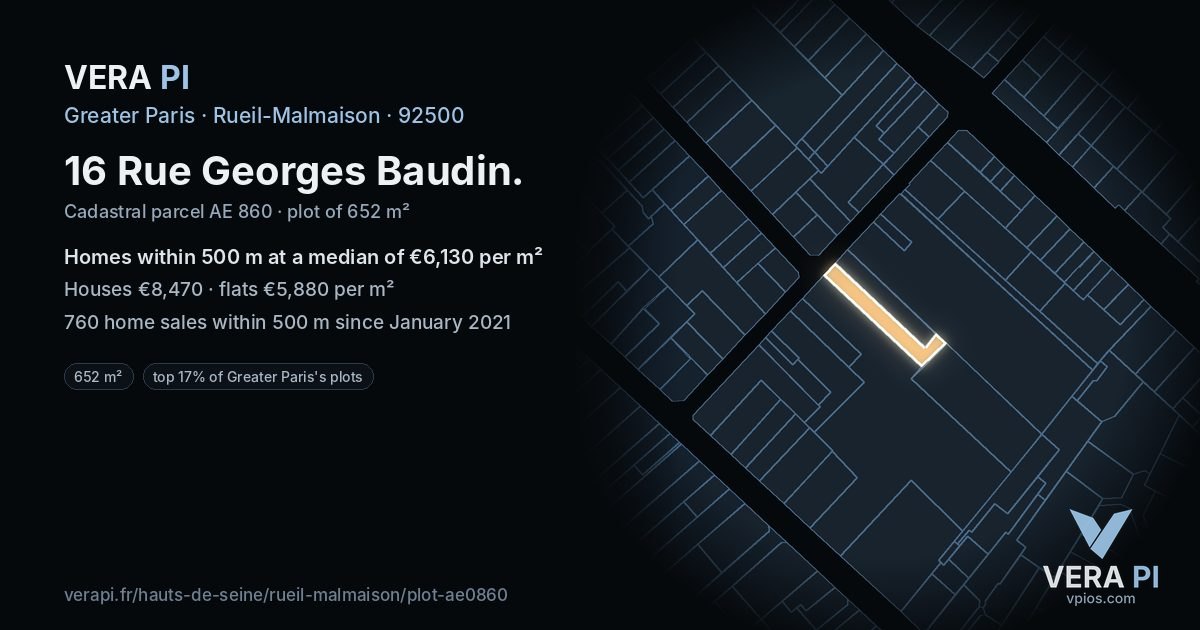 16 Rue Georges Baudin, Rueil-Malmaison at night – the plot lit, the parcels around coloured by the prices near them